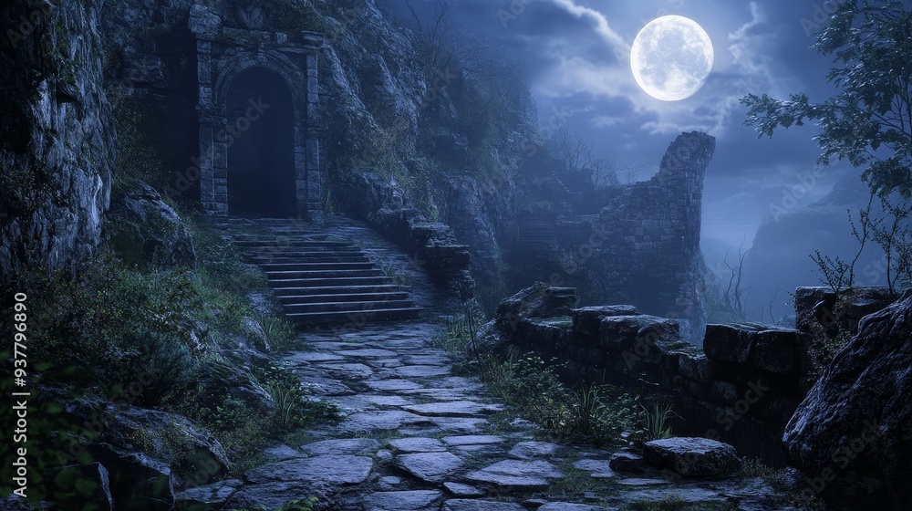 Poster Mysterious Stone Path Leading to Ancient Ruins Under a Full Moon - A stone path winds its way up a hill towards an ancient stone doorway set into the side of a cliff, illuminated by the soft glow of a