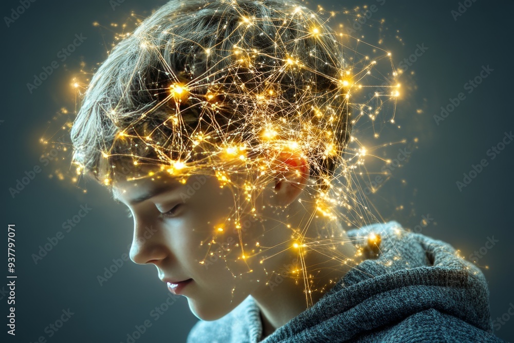 Poster young boy with a vibrant illuminated brain symbolizing the dynamic growth of a childs mind the spark