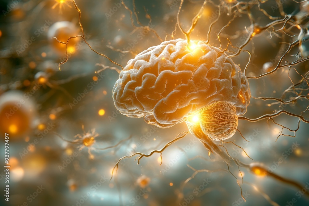 Aufkleber abstract depiction of a brain with golden neural connections illustrating the intricate pathways of 