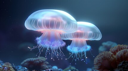Obraz premium Alien Coral Reef with Bioluminescent Jellyfish in a Mystical Underwater World