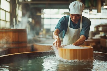 Experience the Art of Traditional Japanese Sake Brewing: A Craftsman at Work Amidst Steam and Tradition.