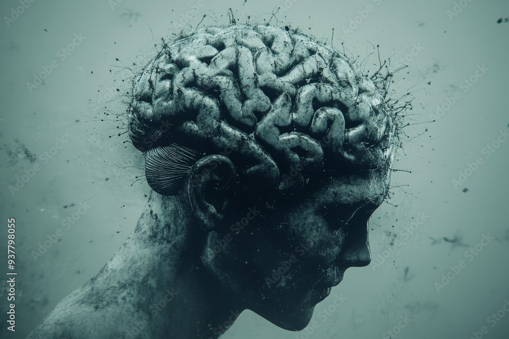 Poster monochromatic sculpture of a brain representing the enduring complexity and timeless nature of human