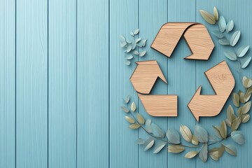 A wooden recycling symbol surrounded by leaves on a blue wooden background, promoting sustainability and eco-friendliness.