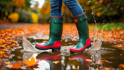 feet in rubber boots, splashes, autumn leaves