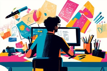 Overwhelmed Designer Working at Desk with Colorful Inspiration - A designer sits at a desk, overwhelmed by colorful inspiration surrounding them.  This image represents the creative process, brainstor