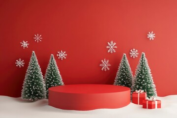 Christmas banner with podium, Christmas trees, snowflakes, and empty space on red background  with generative ai