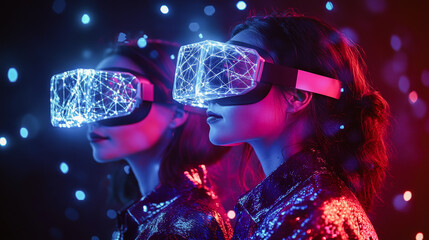 Two women are immersed in a captivating virtual reality experience, wearing vr headsets against a backdrop of vibrant, colorful lights