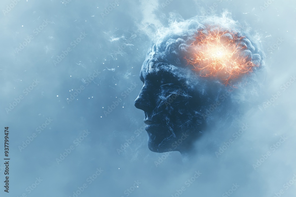 Aufkleber abstract head silhouette with glowing neural energy in a misty blue environment representing deep th
