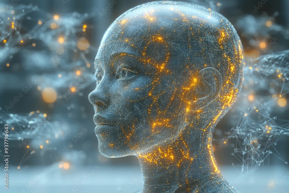 Poster sculptural head with glowing neural connections representing the fusion of art and science in unders