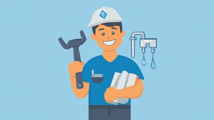 Professional Plumber with Wrench and Leaky Faucet - A friendly plumber holding a wrench with a leaky faucet in the background symbolizing plumbing repair, maintenance, service, and expertise.