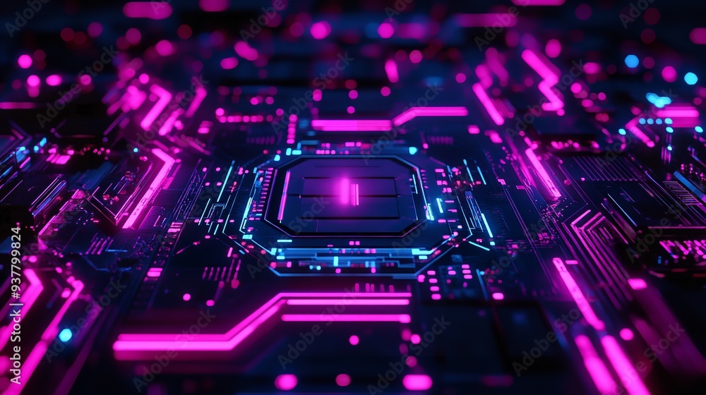 Poster a vibrant circuit board glows with neon colors, showcasing intricate patterns and technology, illumi