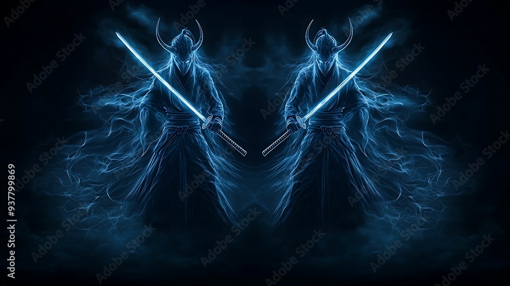 Poster two ghostly samurai with horns and swords emerging from the shadows with a neon glow copy space for 