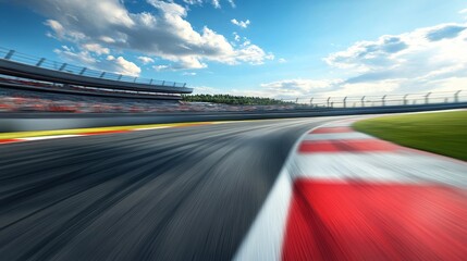 Race Track Asphalt with Blurred Speed and Grandstand - A high-speed race track with blurred motion, showcasing the thrill of racing, a grandstand with spectators, a red and white stripe, and a blue sk