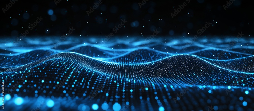 Aufkleber abstract background with a blue digital grid of waves and glowing dots on a dark backdrop