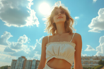 Naklejka premium Smiling woman enjoying sunlight in street wearing sunglasses