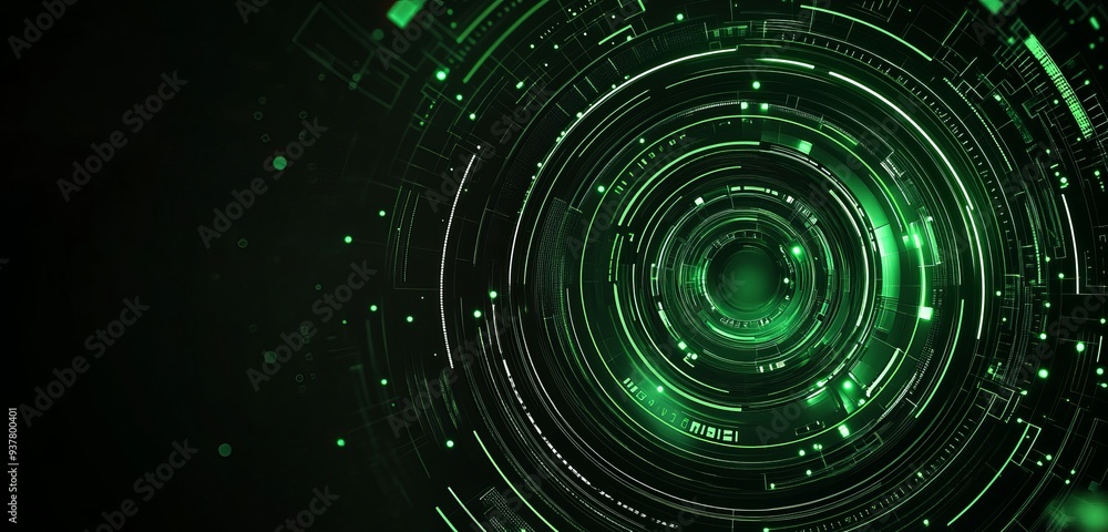 Poster abstract green background with futuristic elements, glowing circles and lines in the center of the s