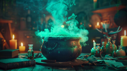 A witch&acirc;s cauldron bubbling with green smoke, surrounded by potion bottles, spell books, and candles