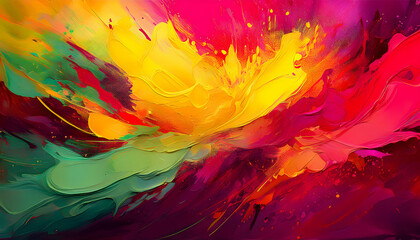 abstract watercolor background.a vibrant abstract composition using red and yellow paint against a background of dark yellow, pink, and green tones. The design should feature intense magenta and fuchs