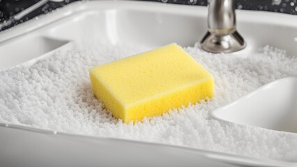 dishwashing sponge lies on the sink, kitchen background