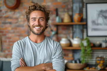 Man in plaid shirt standing in modern loft apartment