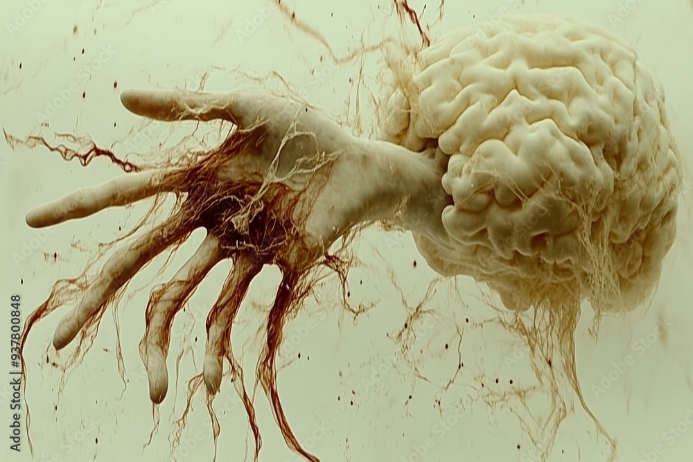 Poster surreal depiction of a hand morphing into a brain symbolizing the intricate connection between creat