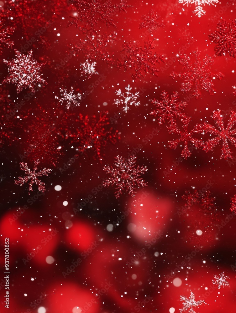 Poster red christmas background with snowflakes and bokeh lights - this image features a festive red backgr