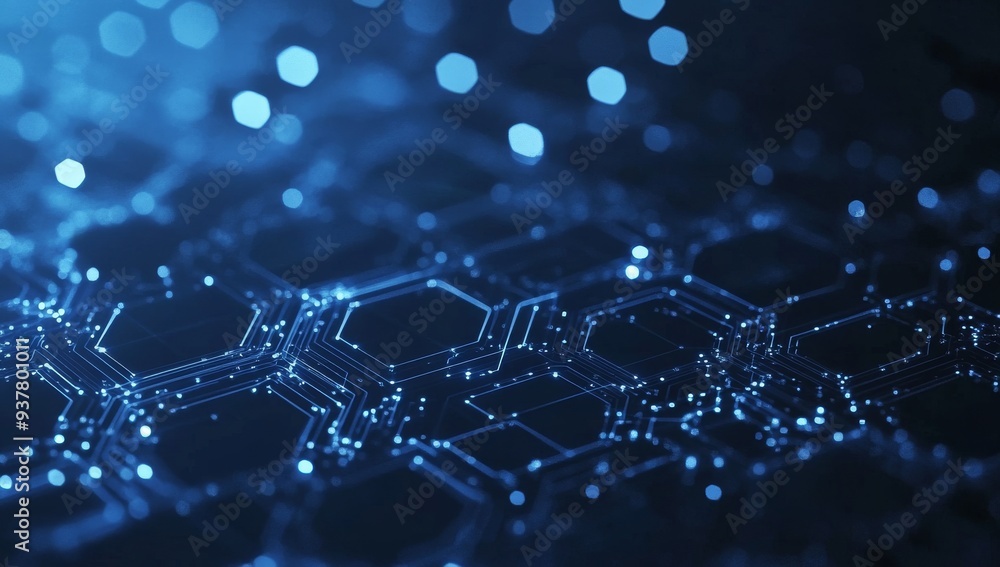 Poster blue background with hexagons and circuit lines, creating an atmosphere of technology innovation for