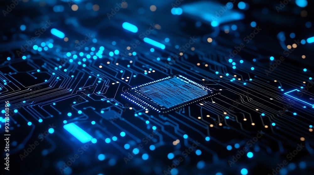 Poster a vibrant circuit board glows with neon colors, showcasing intricate patterns and technology, illumi