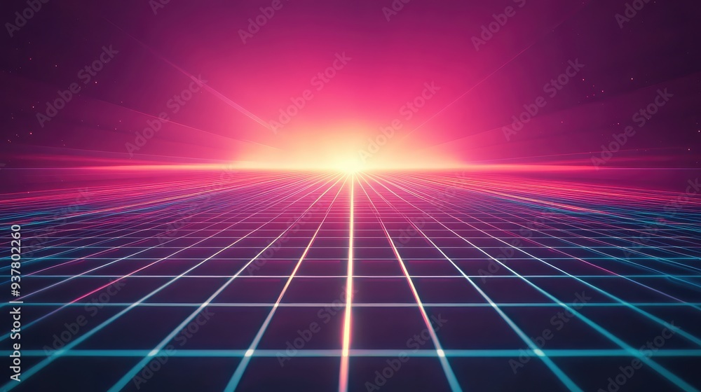 Poster softly glowing retro gridlines with a gradient background, evoking a sense of nostalgia and digital 