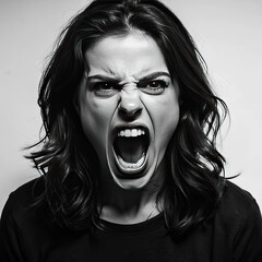 Angry young woman screaming on grey background. Closeup portrait.