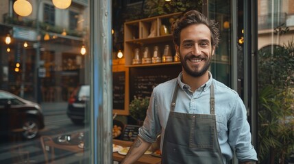 Confident host welcoming guests at a glass door of a downtown bistro