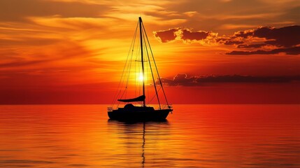 Fototapeta premium Sailboat at Sunset on Calm Ocean Waters - A silhouette of a sailboat on the water with the sun setting in the background, symbolizing peace, tranquility, adventure, exploration, and freedom.