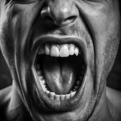 Closeup portrait of screaming man with open mouth. Black and white.