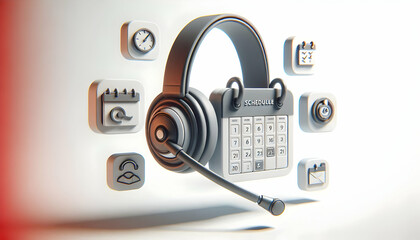 Focusing on Headset and Calendar Icons with Scheduled Meeting Text Isolated on White Background - Virtual Meeting Scheduling Concept with Minimalist Setup and Professional Look