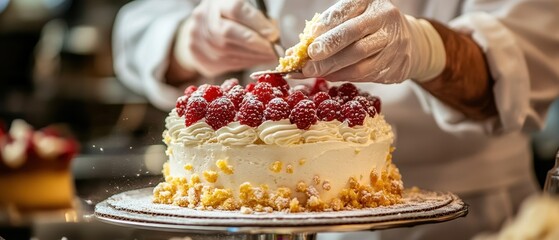 A chef meticulously decorating a creamy cake with fresh raspberries and crumbled nuts, showcasing culinary artistry and passion.