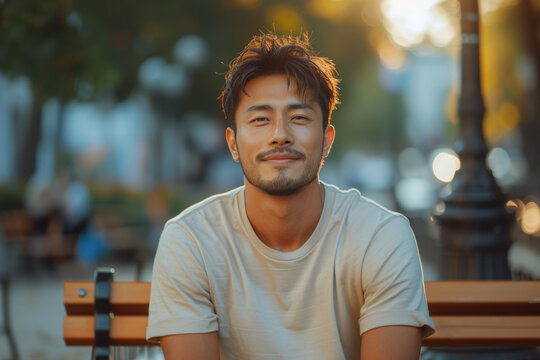 Young man relaxing on park bench during sunny day