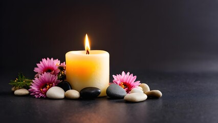 beautiful arrangement of candle and flowers and pebbles isolated on dark background with copy space