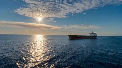 Naklejka premium the sea under a bright, clear sky, with a massive cargo ship