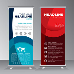 Business roll up banner, vertical template design for business, event, exhibition, modern x-banner and flag-banner advertising. blue and red color roll up banner,