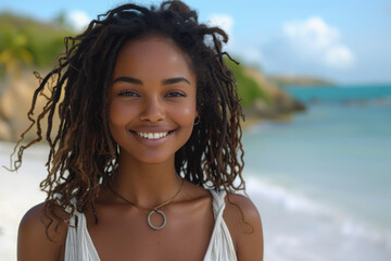 Smiling young woman with dreadlocks enjoying beach day