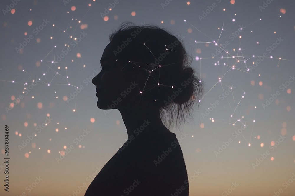 Poster silhouette of a woman with glowing neural connections in a serene setting symbolizing introspection 