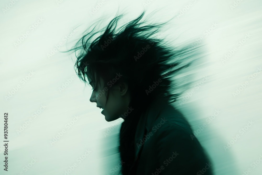 Poster silhouette of a person in motion with a blurred effect symbolizing the dynamic nature of thought ene