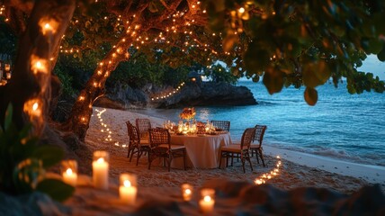A romantic beach dining scene with twinkling lights, a beautifully set table, and serene ocean waves in the background.