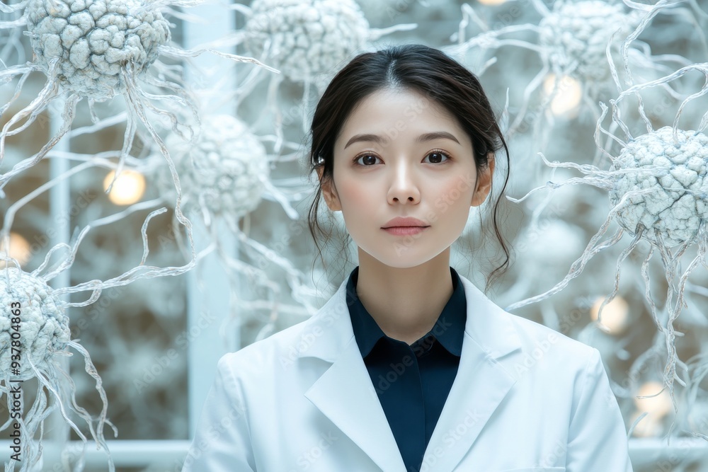 Poster portrait of a confident female scientist in a high tech lab symbolizing intelligence innovation and 