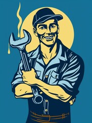 Smiling Mechanic Holding Wrench - A friendly mechanic in overalls smiles confidently while holding a wrench. The image evokes a sense of expertise, reliability, and problem-solving.