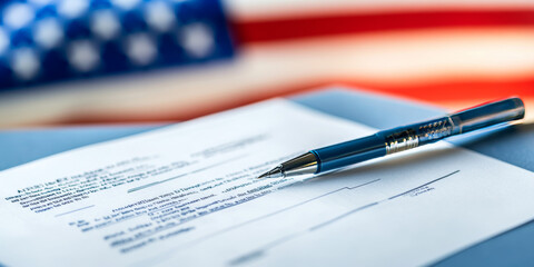 A close-up of a pen resting on a document on a table, with an American flag blurred in the background, symbolizing legal or official paperwork.
