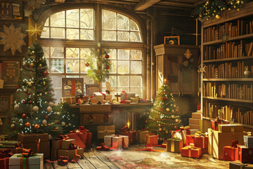 Cozy christmas festive scene with decorations, a warming fireplace and a christmas tree, Happy christmas, full of seasons greetings