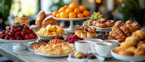 A vibrant spread of fruits, pastries, and beverages creates an enticing breakfast table, perfect for celebrations and gatherings.