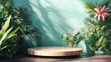 Tropical leaves and wooden podium mockup against a green wall, creating a vibrant and natural backdrop for product display.