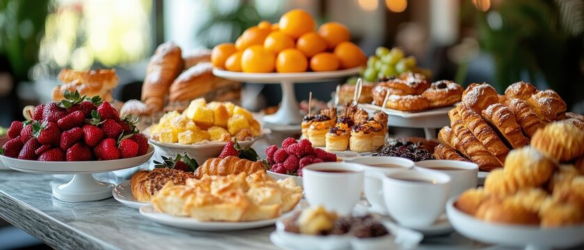 A vibrant spread of fruits, pastries, and beverages creates an enticing breakfast table, perfect for celebrations and gatherings.